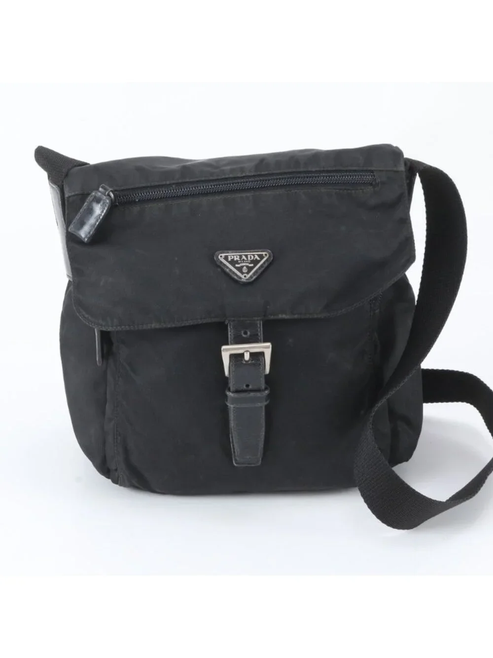 Prada Tessuto Nylon Triangle Logo Leather Shoulder Bag Crossbody Messenger Black